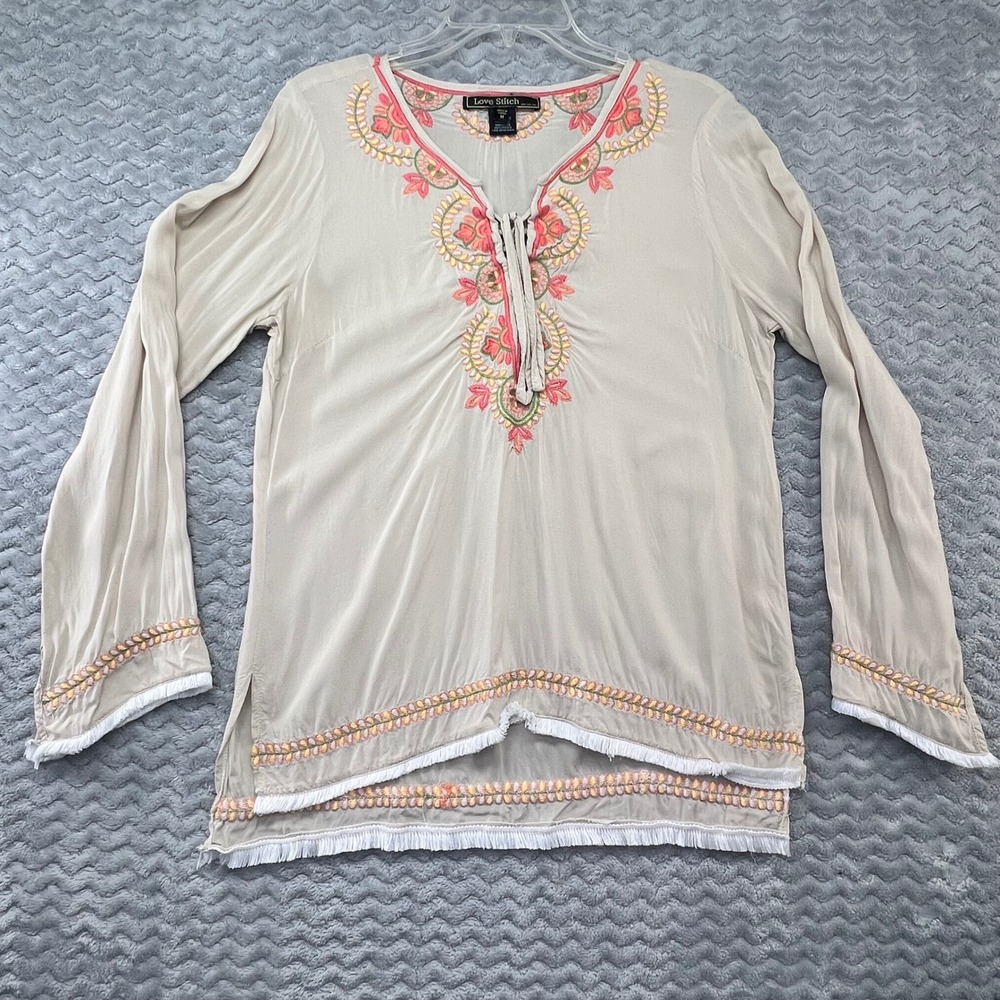 Love Stitch Embroidered Tunic Top M Boho Hippie Peasant Fringe Cream Beige